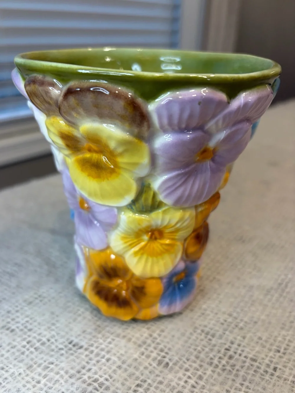 Vintage hand painted  pottery Vase  / Pansies/Floral/Colorful/ signed 1987/ Rare